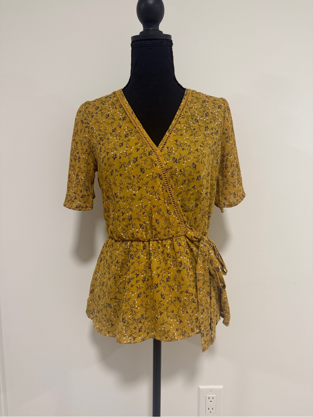 3 for $25 Sienna Sky Mustard Floral Wrap Blouse Tie Waist V Neck Short Sleeve